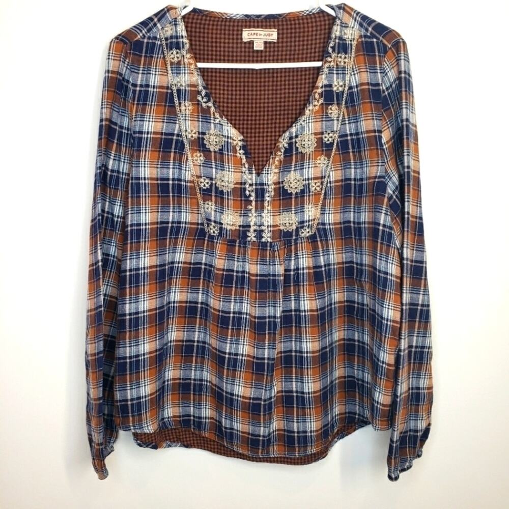Cape Juby Plaid Embroidered Popover Top XL
